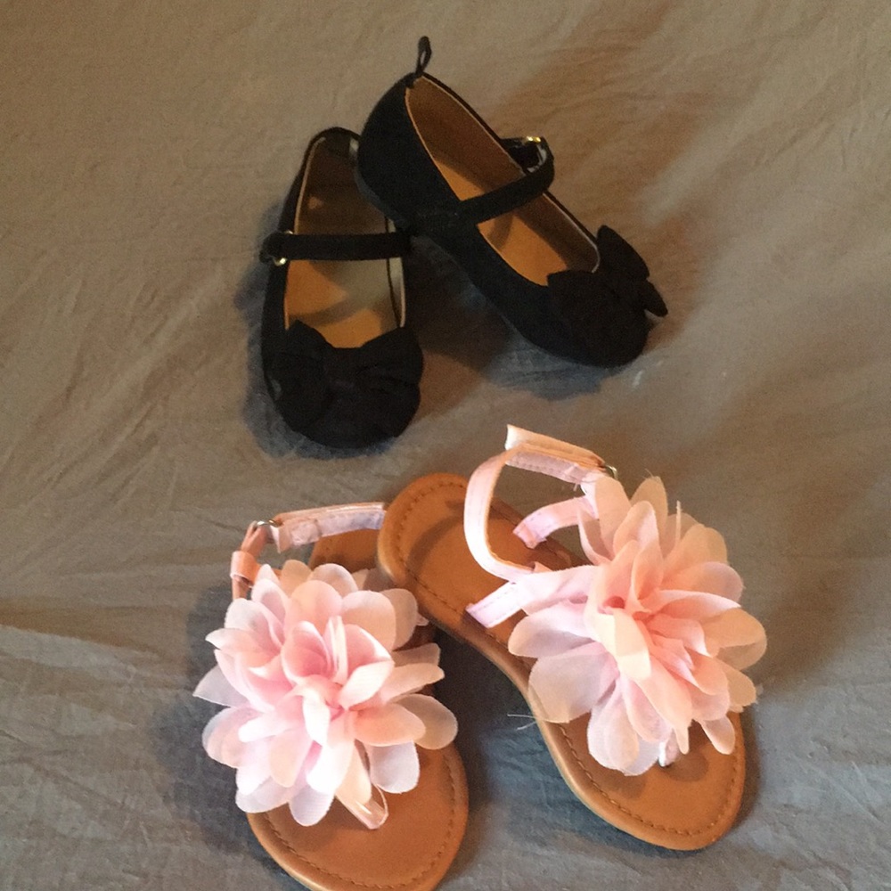 Black Gymboree dress shoe and pink flowered sandal